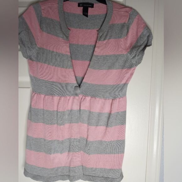 INCInternationalConcepts L SILKBlend PinkGrayStripedShrtSlvKnit Women'sCardigan. - Picture 1 of 11
